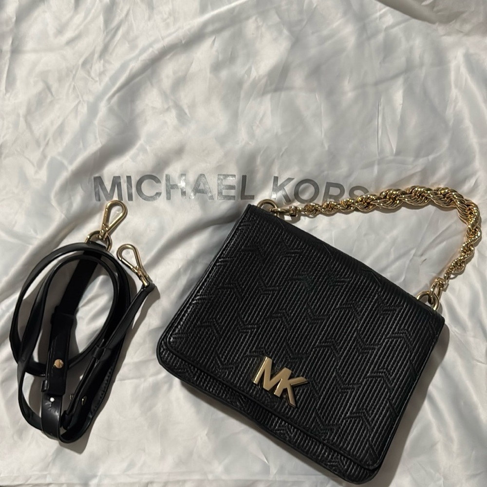 MICHAEL Michael Kors Black Textured Leather Crossbody with Gold Chain